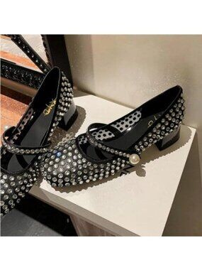 XYD Black Girls Chunky Heels Mesh Pump Mary Jane Rhinestone Studs Round Toe Shoe
